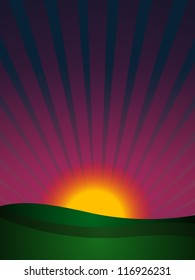 Sun sets over grassy hills.