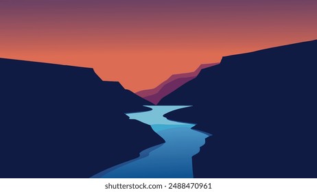 El Conjuntos del sol sobre un río y una cascada en Islandia Ilustración vectorial plana