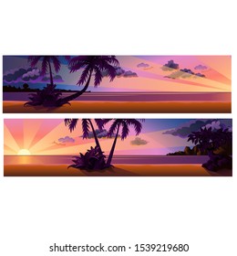 The sun sets in the sea on the beach with palm trees in pink isolated on a white background. Vector cartoon close-up illustration