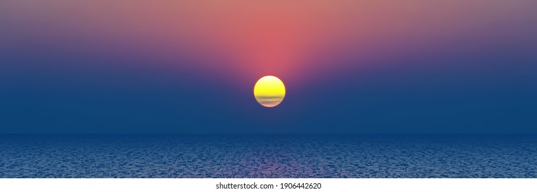 The sun sets in the sea, panoramic view of the sunset sky