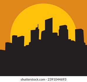The sun is setting behind a city in silhouette