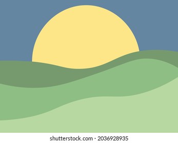 El sol se está poniendo detrás de las verdes colinas. prados exuberantes, paisaje pastoral. Ilustración plana vectorial de la naturaleza