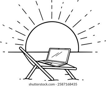 Sun Setting Behind a Laptop on a Beach Chair