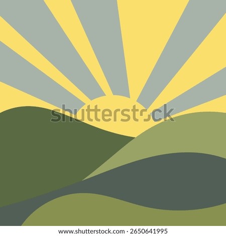 Sun setting down mountains silhouettes vector , nature landscape