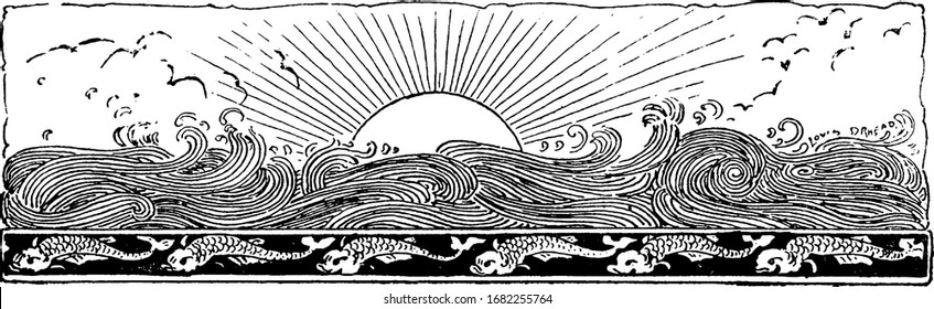 Sun Setting In The Ocean With Fish Swimming, Birds Flying In Air, Vintage Line Drawing Or Engraving Illustration