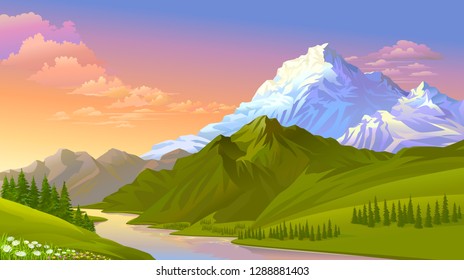 The sun setting on the icy mountains, hills covered with green meadows and fresh water.