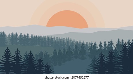 The sun is setting over the forest. Landscape with forest and mountains, sunrise, sunset. Vector illustration