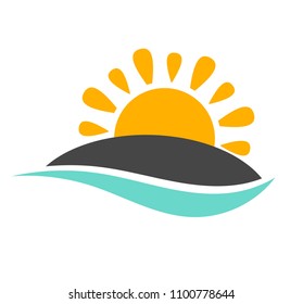 Sun setting over island and sea wave icon. Vector illustration