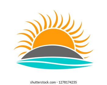 Sun setting over island and sea wave icon logo. Vector illustration