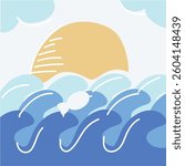 Sun setting over ocean waves and sky. Vector