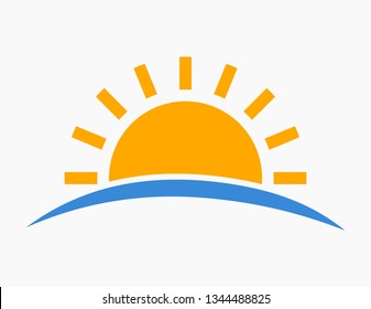 Sun setting over sea icon. Vector illustration.