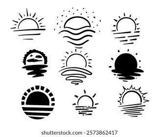Sun with shadow at water drawing art set collection