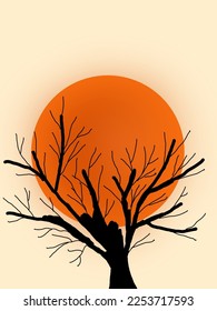 The Sun and shadowed tree trunks, branches illustrations, vector for wall art, template, print art, artwork etc