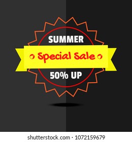 Sun shape badge with littering 'Summer Special Sale' vector design.