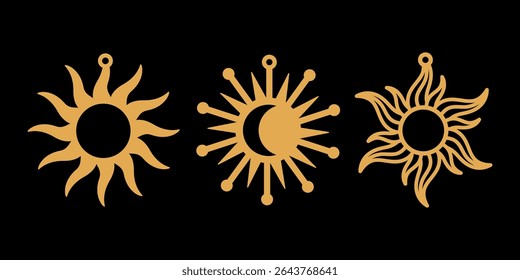 Projetos de vetores de forma solar para brincos, pingente ou chaveiro. Modelo de corte de silhueta de joias em estilo boho. Corte a laser com couro, madeira ou metal. Bela bijouterie pendurada esotérica