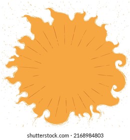 Sun shaped silhouette design in hand drawn style, yellow colored and with flames around it.
