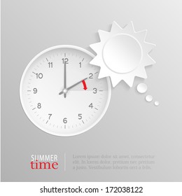 Sun Shaped Speech Bubble And Vector Clock With Hands At 2 O'clock And An Red Arrow Symbolizing The Hour Forward To 3 O'clock For The Change Of Time In Spring For Daylight Savings On Silver Background.