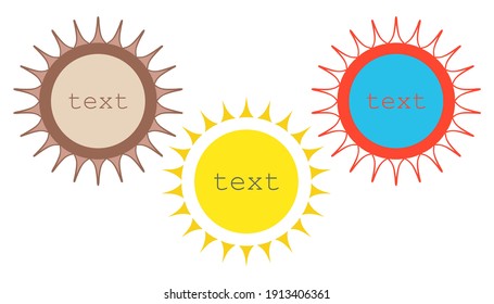 Sun shapes frame Set. Circle geometric border collection, different design, decorative isolated elements, red yellow brown color palette. Vector illustration