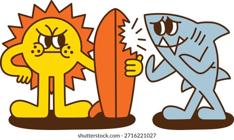 Un personaje de dibujos animados de sol y tiburón con tabla de surf rota