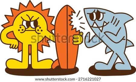 A sun and shark cartoon character with broken surfboard
