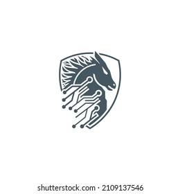 sun shield horse combination emblem logo and network patern illustration.