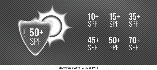 Sun shield icon for spf protection skin. Vector illustration of sticker for sunscreen and sunblock - element for design