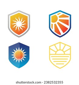 Logo de Sun y Shield o de protección en un estilo moderno simple sobre fondo blanco