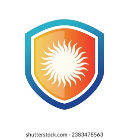 Sun and shield or protection logo in simple modern style on white background