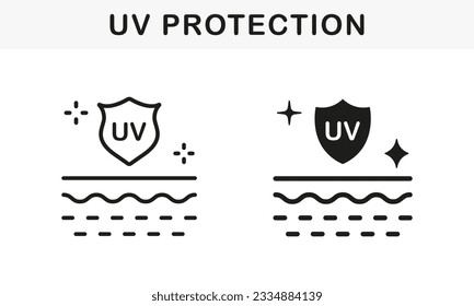 Sun Shield for Protection Skin of UV Rays Line and Silhouette Black Icon Set. Skin Care and SPF Cream. Block Solar Light and Ultraviolet Radiation Symbol Collection. Isolated Vector Illustration.