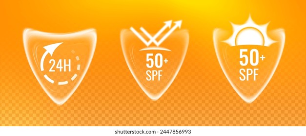 Sun shield - spf protection ray graphic element. Sunblock icons for advertising poster. Vector illustration