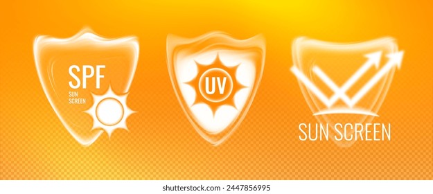 Sun shield - spf protection ray graphic element. Sunscreen icons for advertising poster. Vector illustration