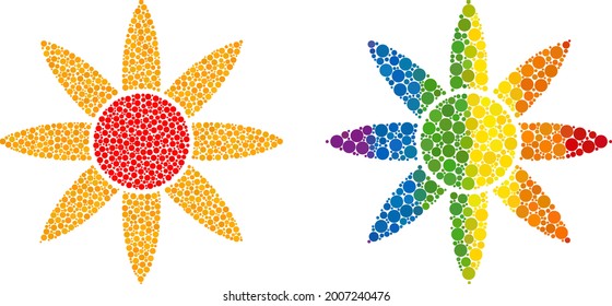 Sun shine composition icon of round dots in variable sizes and rainbow color tones. A dotted LGBT-colored sun shine for lesbians, gays, bisexuals, and transgenders.