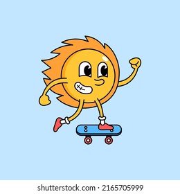 Sun shine enjoy playing skateboard character mascot design. old school retro style cartoon vector illustration