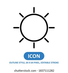 Sun shine line style vector icon on white background. weather vector illustration. Editable Stroke. 64 x 64 pixels. Simple modern design.
