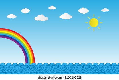 sun shine on blue sky with clouds and rainbow over sea,vector illustration.