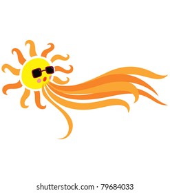 A sun shine wearing a sun glasses and blowing hot wind.