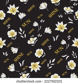 sun shine with yellow flowers, jasmine yellow and white flower pattern , golden sun shine flowers with black background 