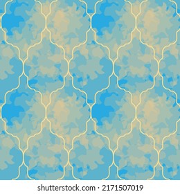Sun shined clouds in blue sky, through the figured window grate. Abstract seamless pattern. Vector watercolor imitation