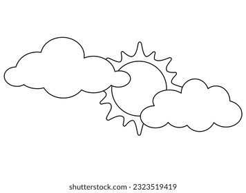 The sun shines from behind the clouds - a vector linear picture for a coloring book, logo or pictogram. Outline. Clouds block the sun for coloring book, sign or icon