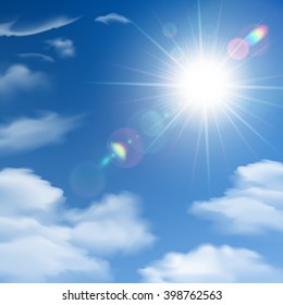 The sun shines bright light poster on the background of white clouds and clear blue sky vector illustration