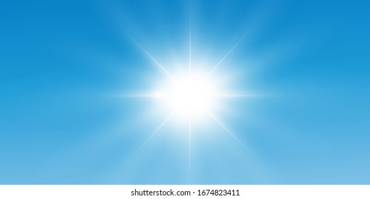 The sun shines bright rays with hot flashes on a cloudless sky.