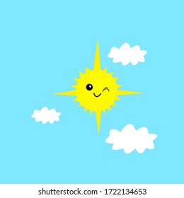 The sun shines brightly against the blue sky with white fluffy clouds. The concept of good weather and nature