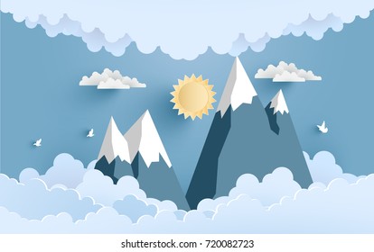the sun shines so brightly during the day with a view of clouds and mountains. design with art paper and craft