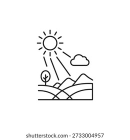 Sun shines brightly over rolling hills and mountains with a lone tree and fluffy clouds in a minimalist nature landscape illustration