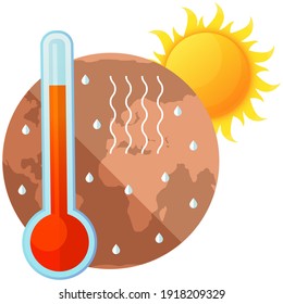 Sun shines on globe and heats it up. Drainage of surface of planet Earth and evaporation of water. Measuring instrument for air and water temperature. Heated thermometer with red liquid inside