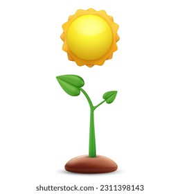 El sol brilla en una pequeña planta verde. Composición de diseño de caricaturas de jardín en estilo moderno mínimo. Concepto o ilustración brillante vectorial.