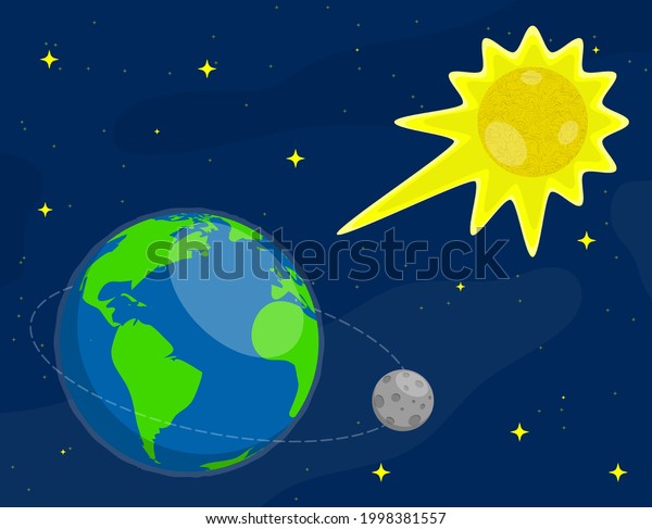 sun shines on surface of Earth and Moon.\
Star of planet earth. Astronomy, observation of sun activity and\
weather. Colored vector in cartoon\
style