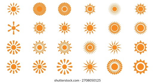 Sonne scheint oder Sonnenstrahl-Symbol. Symbole für Sonne über Meer oder Ozean, minimalistisches Sonnenlogo oder Sonnenaufgangssymbole oder Sonnenuntergangssymbole