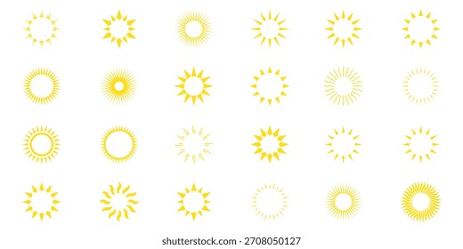 Sonne scheint oder Sonnenstrahl-Symbol. Symbole für Sonne über Meer oder Ozean, minimalistisches Sonnenlogo oder Sonnenaufgangssymbole oder Sonnenuntergangssymbole