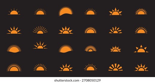 Sonne scheint oder Sonnenstrahl-Symbol. Symbole für Sonne über Meer oder Ozean, minimalistisches Sonnenlogo oder Sonnenaufgangssymbole oder Sonnenuntergangssymbole